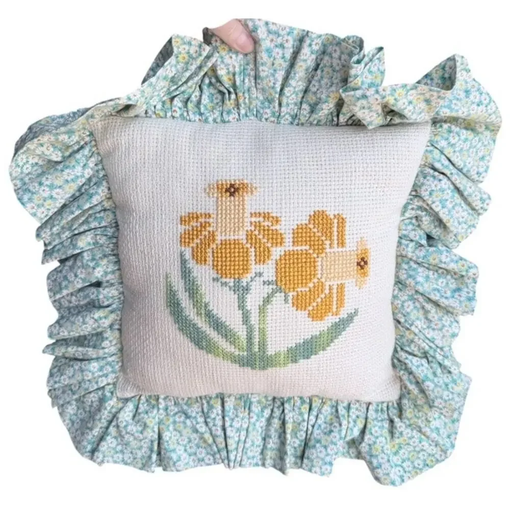 Charming Handmade Needlepoint Flowers Accent Pillows Ruffled Ditsy Floral Trim